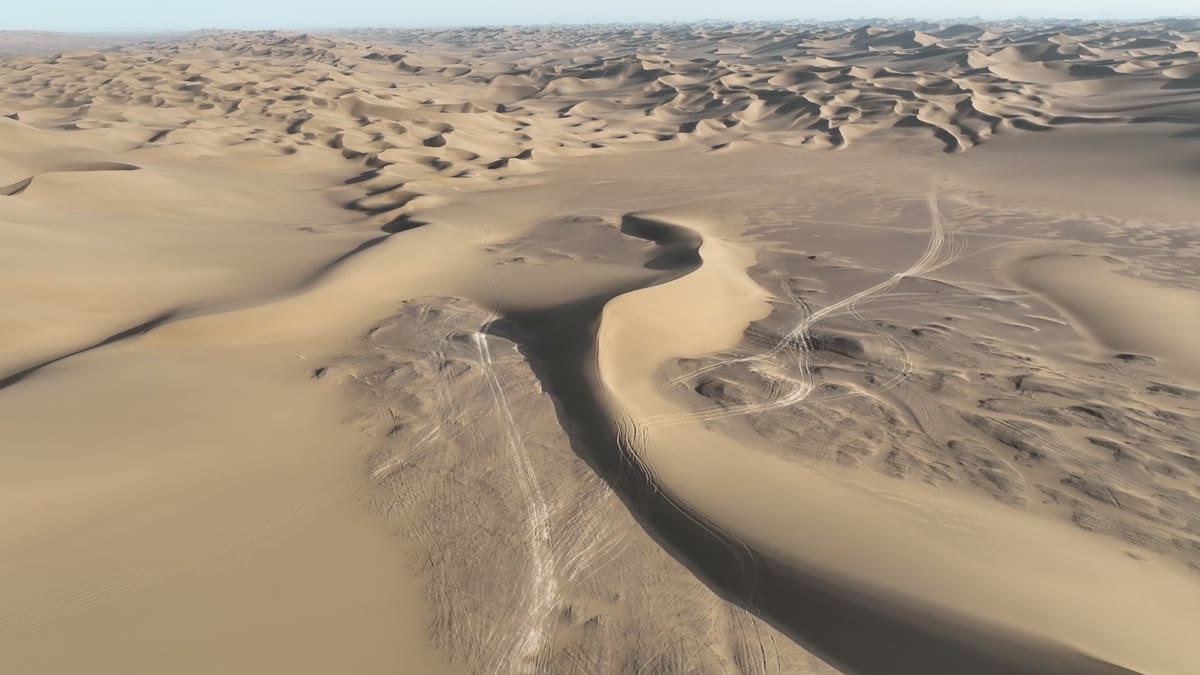 Sweeping aerial view of sculpted desert dunes